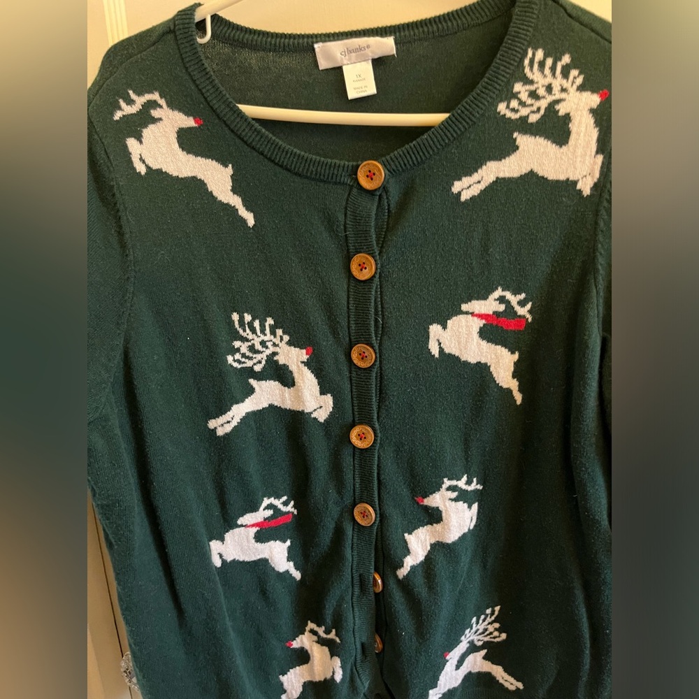 Green Holiday Cardigan Rudolph‎ White Flying Reindeer Ugly Christmas Sweater 1X